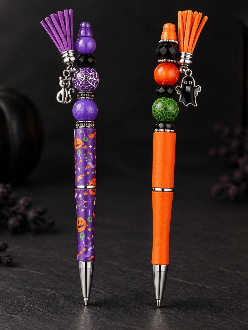 Kids Halloween Tassel Bead Pens - Purple and Orange (2)